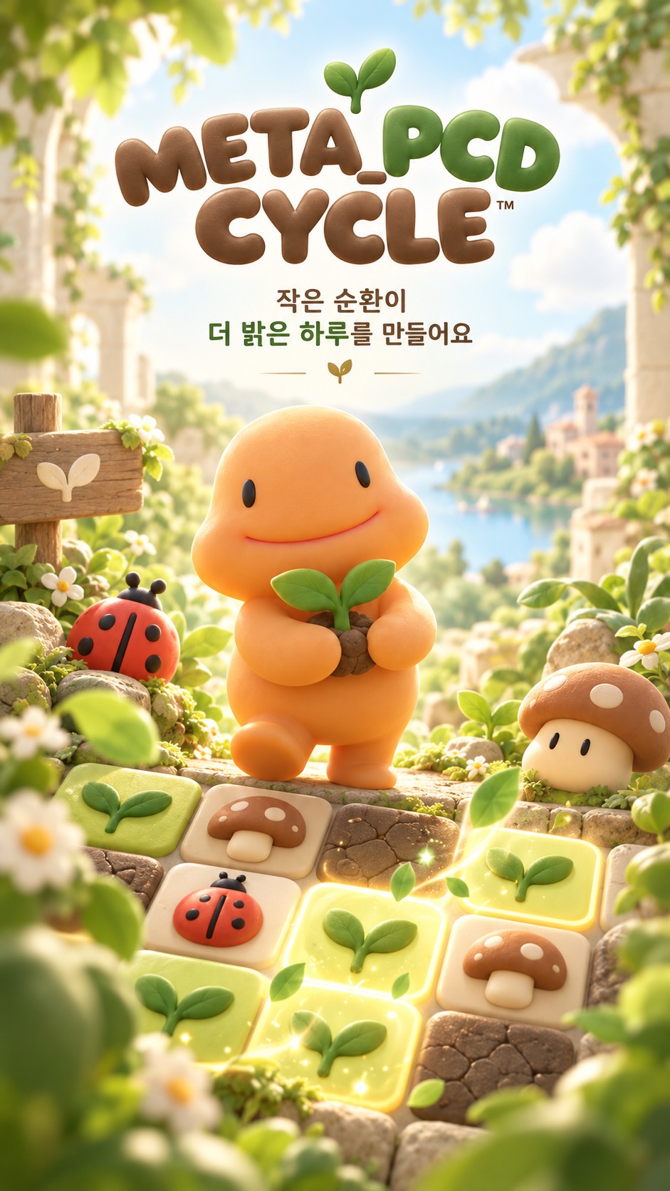 META_PCD CYCLE 포스터. 작은 순환이 더 밝은 하루를 만들어요. 새싹을 안은 흐기와 퍼즐 타일.