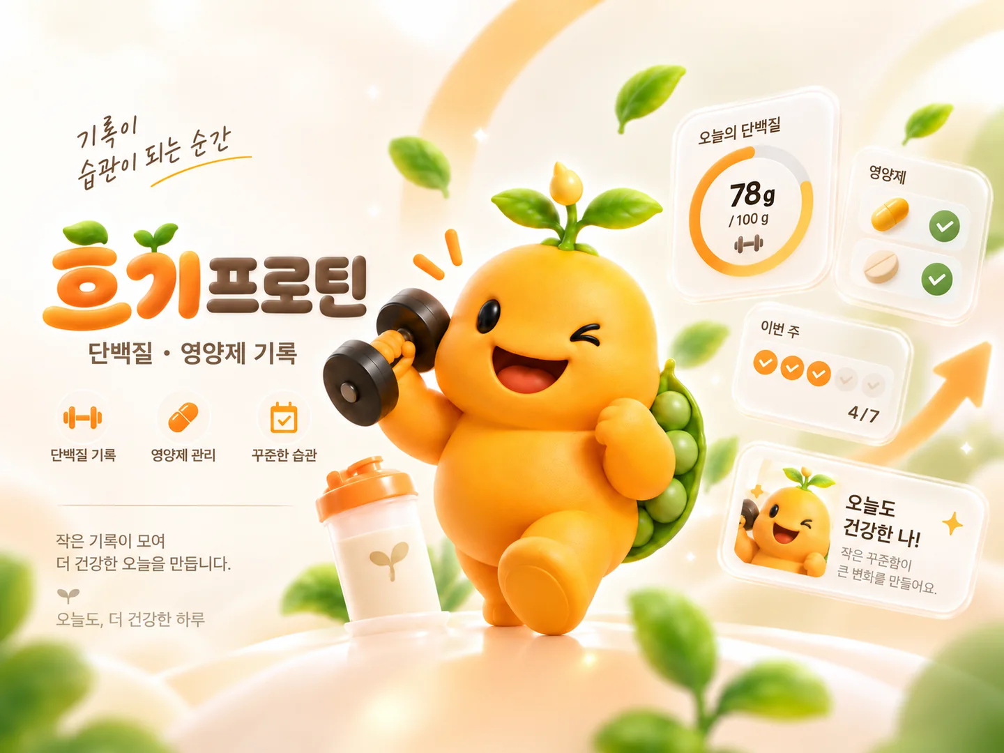 덤벨과 영양 기록 화면 곁에서 달리는 흐기 프로틴